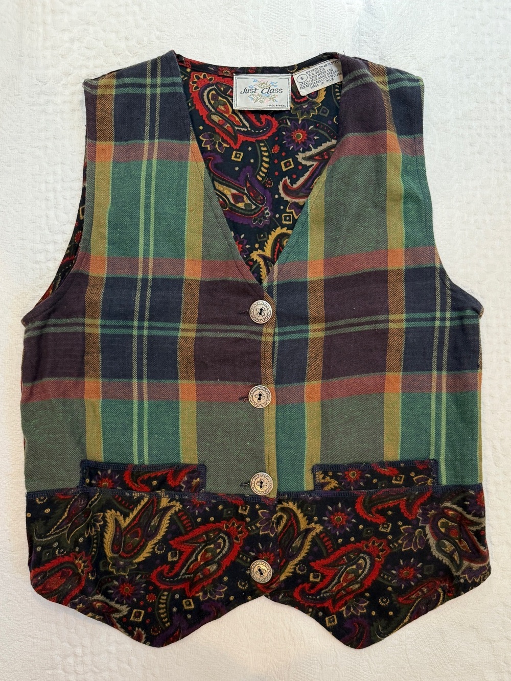 Vintage Just Class Plaid & Paisley Vest Size Small Cottagecore Boho Button Front
